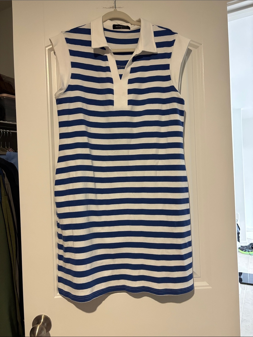 Sleeveless Striped Polo Dress in Blue and White